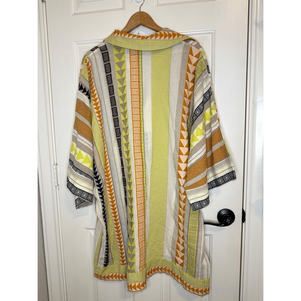 Devotion Twins Creme Yellow Embroidered Oxia Geo Kaftan Dress Sz M Boho Coastal - Picture 5 of 11